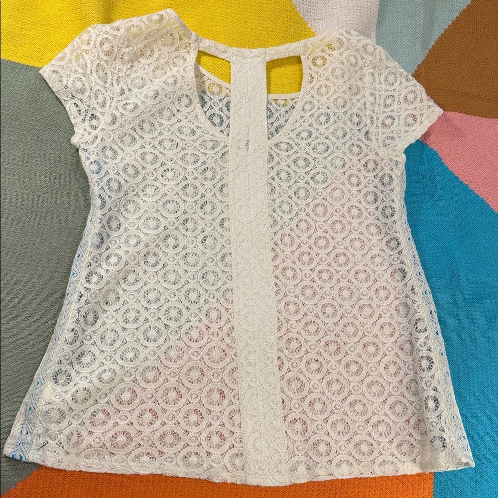 Anthropologie Cream Lace Blouse Size Small Boho Crochet Cool Back Blue Stripe
